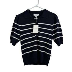 NWT Free Assembly Navy White Striped Knit Sweater XS Short Puff Sleeve Preppy